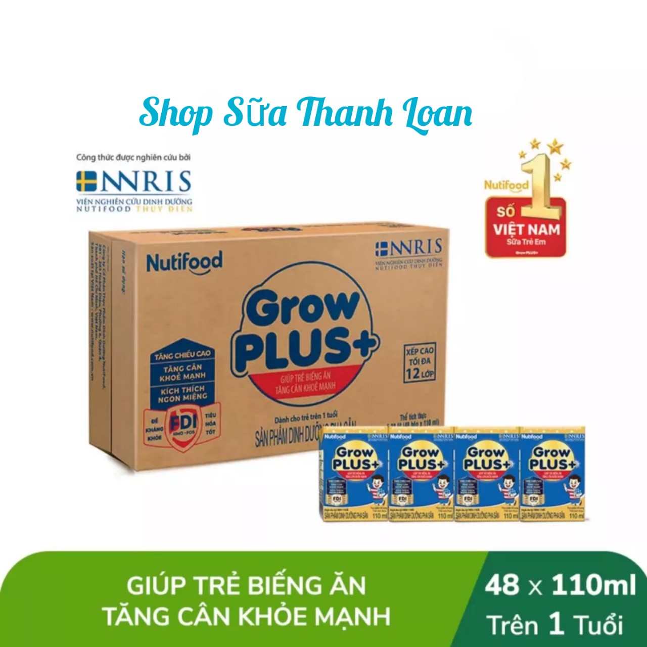 (HSD T7-2025) Thùng 48 Hộp Sữa Bột Pha Sẵn NutiFood Grow Plus 1+ {Xanh} 110ml.
