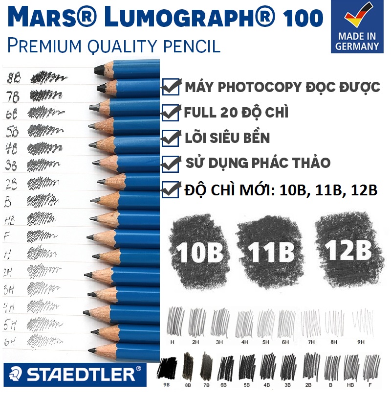 Bút chì xanh cao cấp Staedtler Mars Lumograph 100 chọn từ (9H,8H,7H,6H,5H,4H,3H,2H,H,F,HB,B,2B,3B,4B,5B,6B,7B,8B,9B,10B,11B,12B)