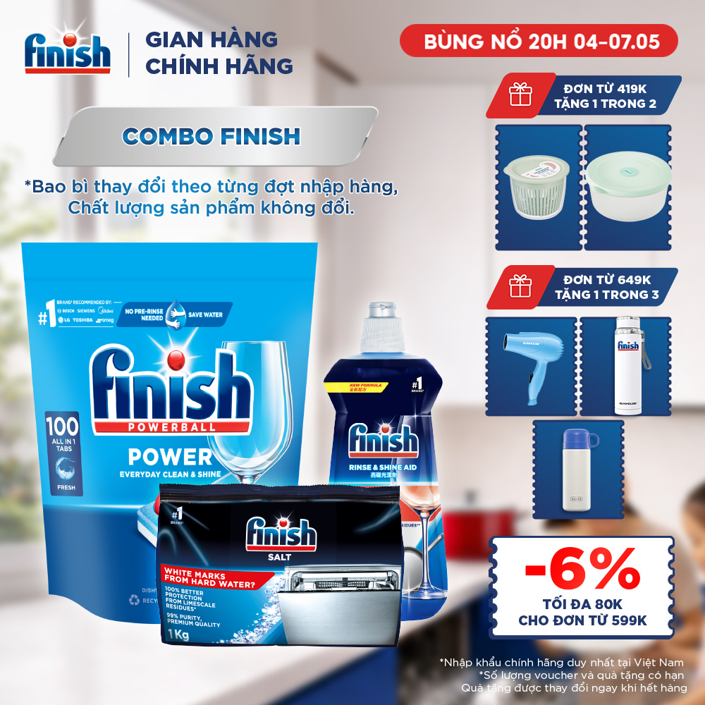 Combo Finish siêu cấp: Hộp 100 Viên Rửa Bát Finish Everyday Clean  Shine + Nước Làm Bóng Finish 500ml + Muối Rửa Chén Finish Salt