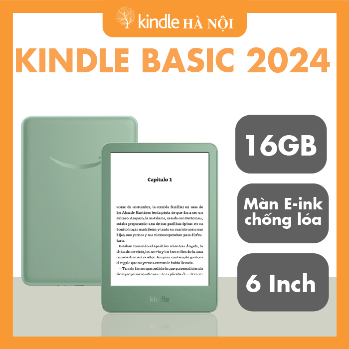 Máy đọc sách Kindle 2024 màn hình 6 inch, độ phân giải 300ppi, dung Lượng 16GB, cổng sạc type C