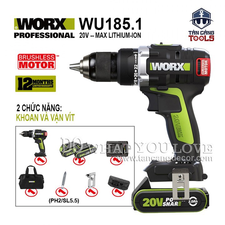 Máy khoan vặn vít dùng pin 20v worx wu185.1