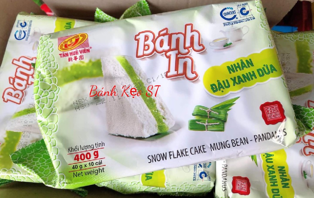 [ 10 cái ] Bánh in nhân đậu xanh lá dứa 10 cái x 40g Tân Huê Viên
