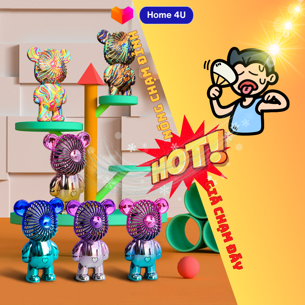 Quạt gấu bearbrick mini nhiều màu sắc dễ thương, quạt mini cầm tay pin sạc usb 3 tốc độ gió