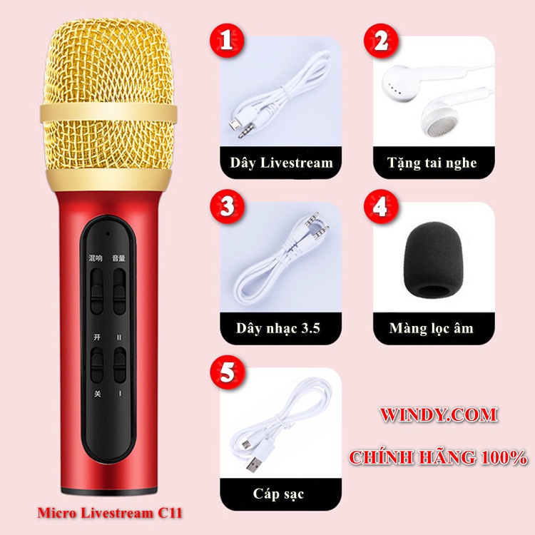 Micro Karaoke Livestream Thu Âm C11 Cao Cấp + Tặng Tai Nghe