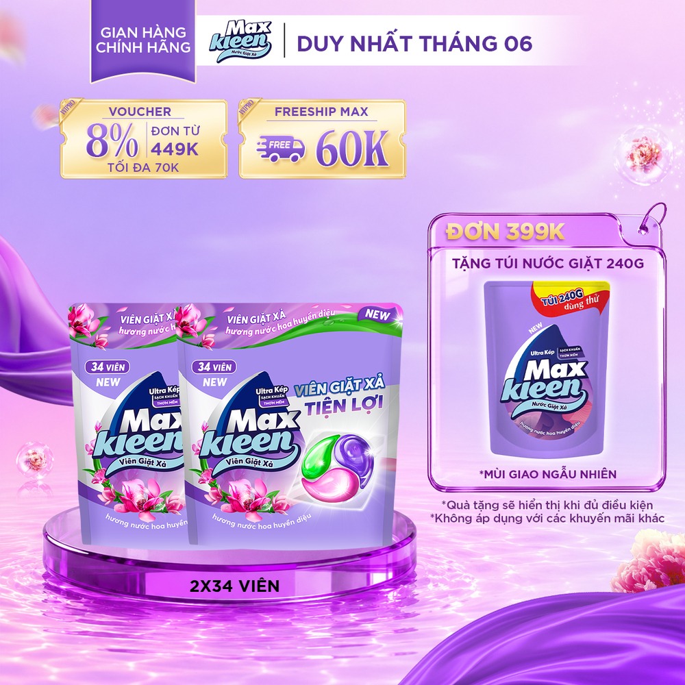 Combo 2 Túi Viên Giặt Xả MaxKleen  Hương Nước Hoa Huyền Diệu (Túi 34 Viên)
