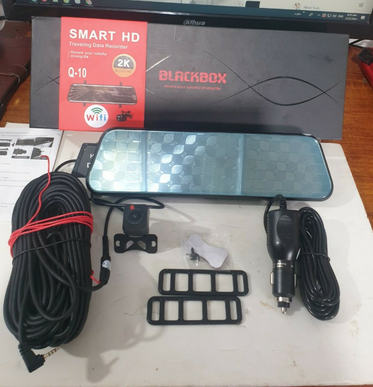 Camera hành trình gương Q10 10inch, cam sau dài 15m lắp xe con, xe tải, chất lượng 2K, kết nối wifi 