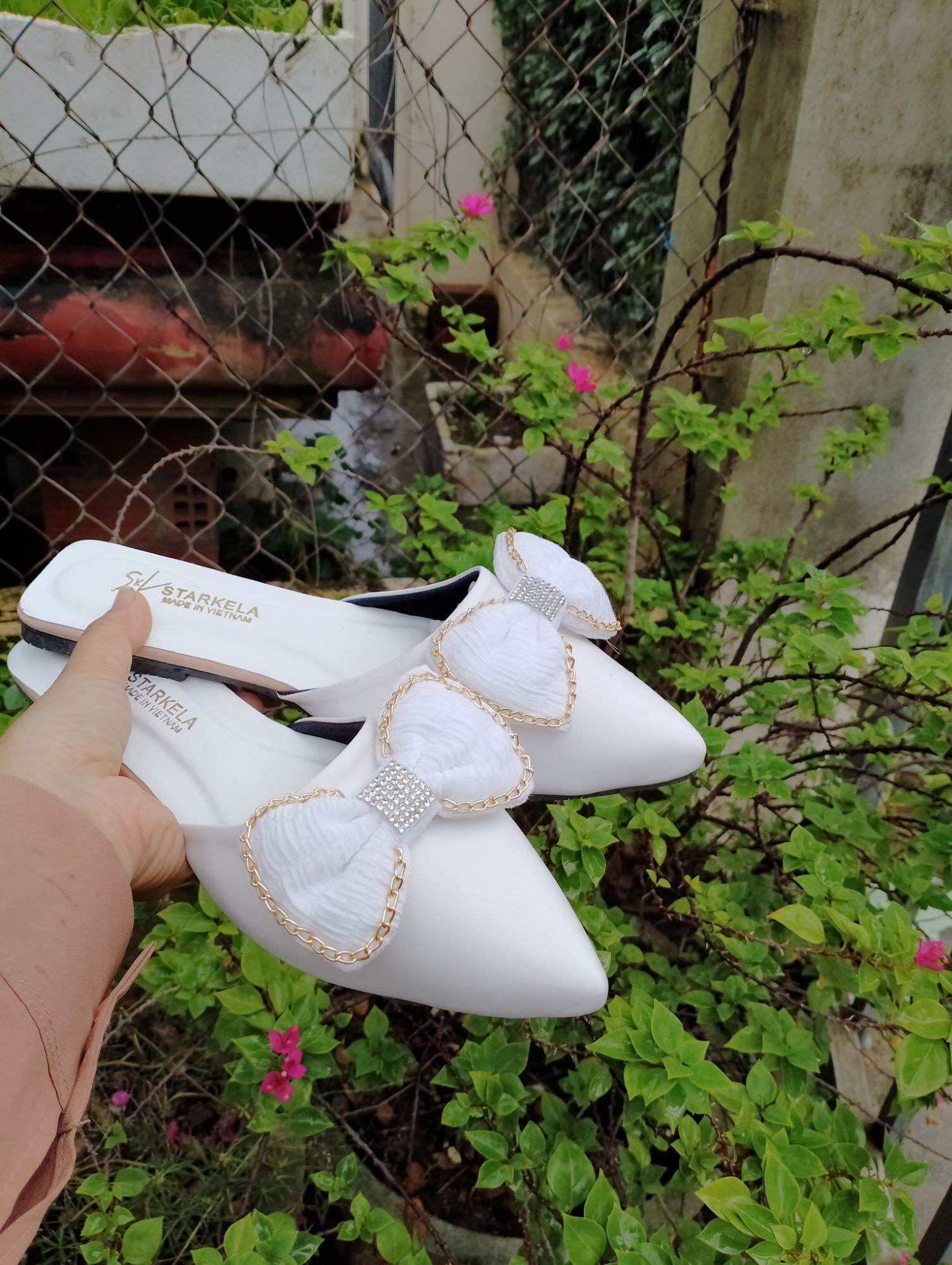 Giày dép sục nữ nơ cánh phồng viền xích nhỏ phối xoàn nữ bigsize