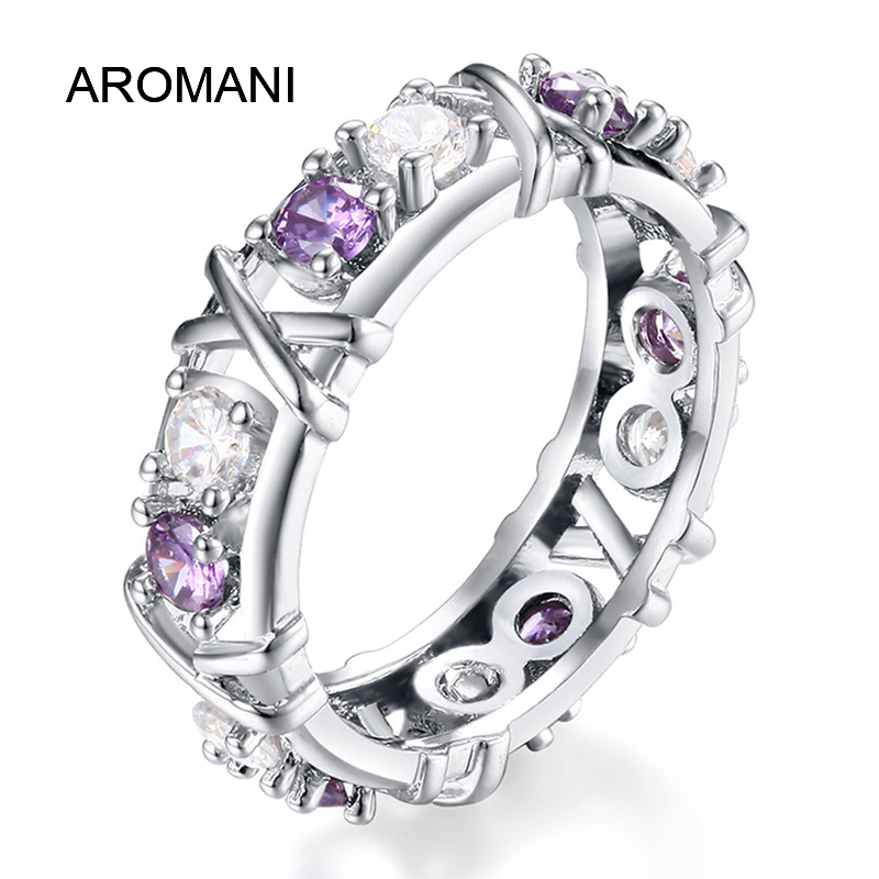 AromaniKim Cương Tím Moissanite 925 Sterling Thánh Giá Bạc Đính Hôn Nhẫn Bạch Kim Nhẫn Cưới