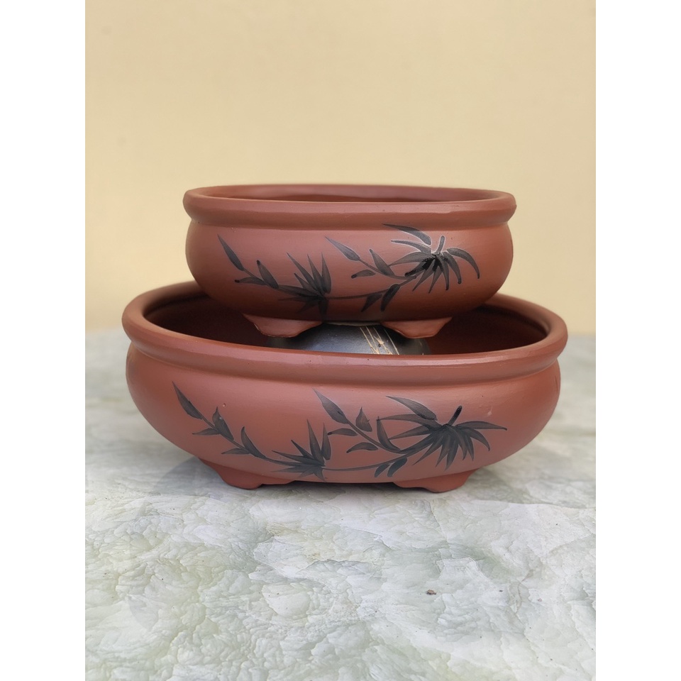 Chậu bonsai Oval mini màu đỏ son đất nung gốm Bát tràng 1 size BM-190