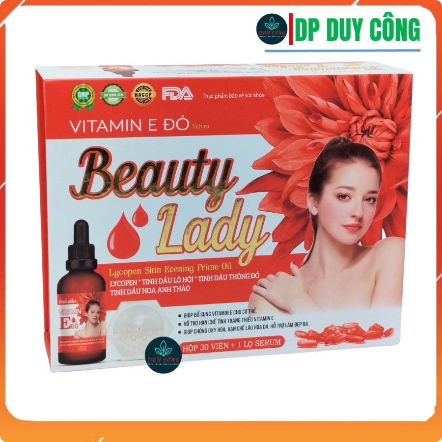 Combo 1 chai vitamin e đỏ 30 viên, 1 tinh dầu e đỏ 30ml từ tinh dầu thông đỏ, hoa anh thảo giúp đẹp sáng da, giảm nám sạm da - Dược Phẩm Duy Công