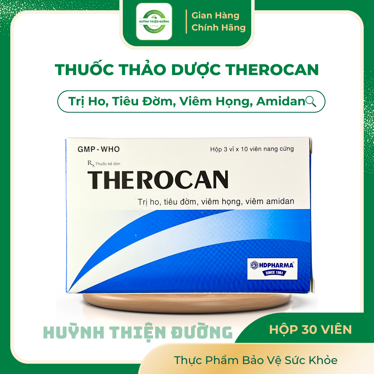 THEROCAN Thảo dược hỗ trợ ho, tiêu đờm, viêm họng, viêm amidan (hộp 30 viên) - Huỳnh Thiện Đường