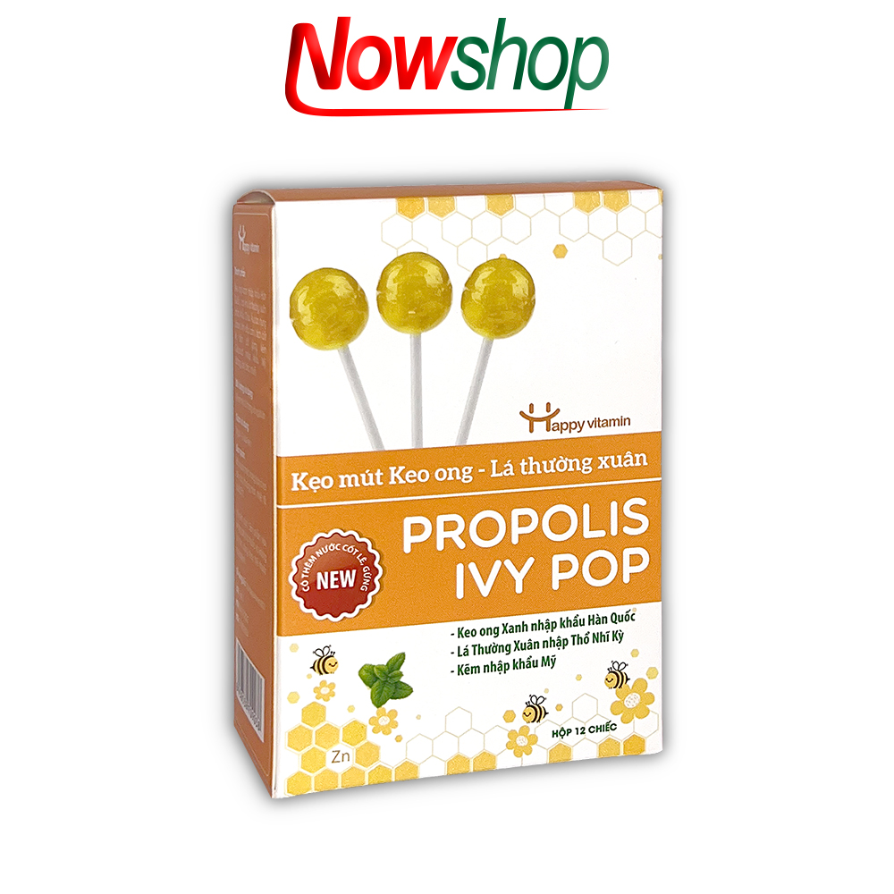 Kẹo mút Keo Ong Lá Thường Xuân Happy Vitamin Propolis Ivy Pop tăng sức đề kháng giảm ho và ngừa đau họng. Hộp 12 chiếc