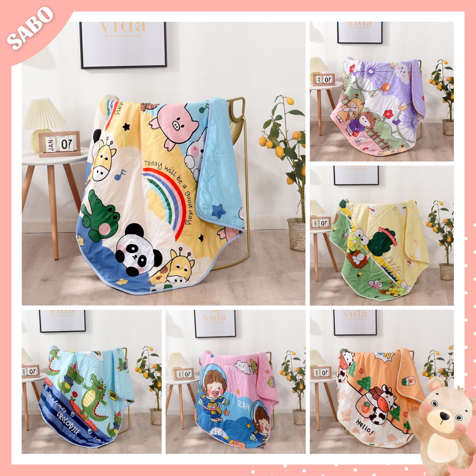 (CHỌN MẪU) Mền Chăn Đũi Hè Thu Cho Bé; Chăn Đũi Cotton 2 Mặt Trần Bông Hoạt Hình 110x150cm Mềm Mịn Cao Cấp Cho Bé - SABO MART