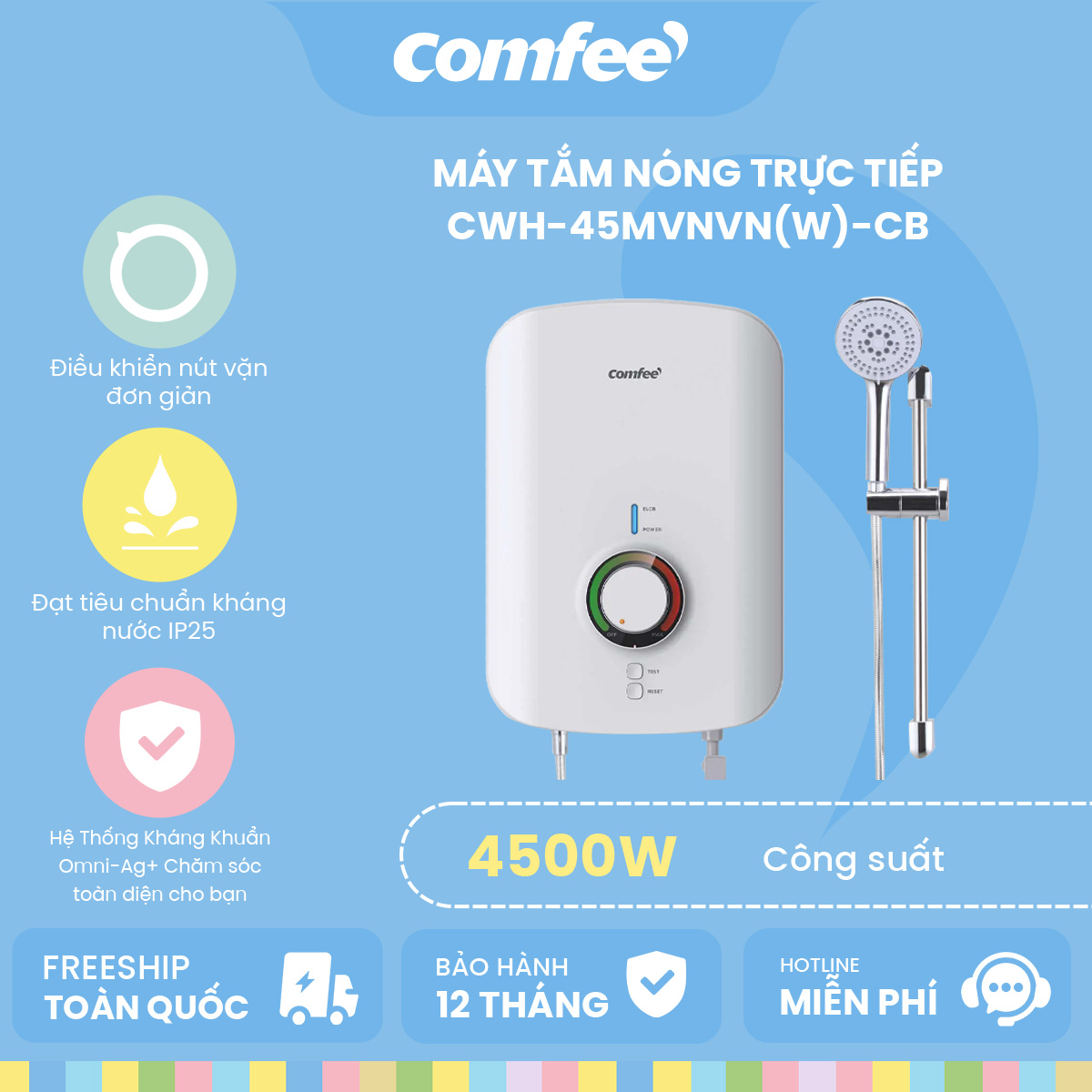 Máy tắm nước nóng trực tiếp COMFEE CWH-45MVNVN(W)-CB - Hàng chính hãng bảo hành 2 năm