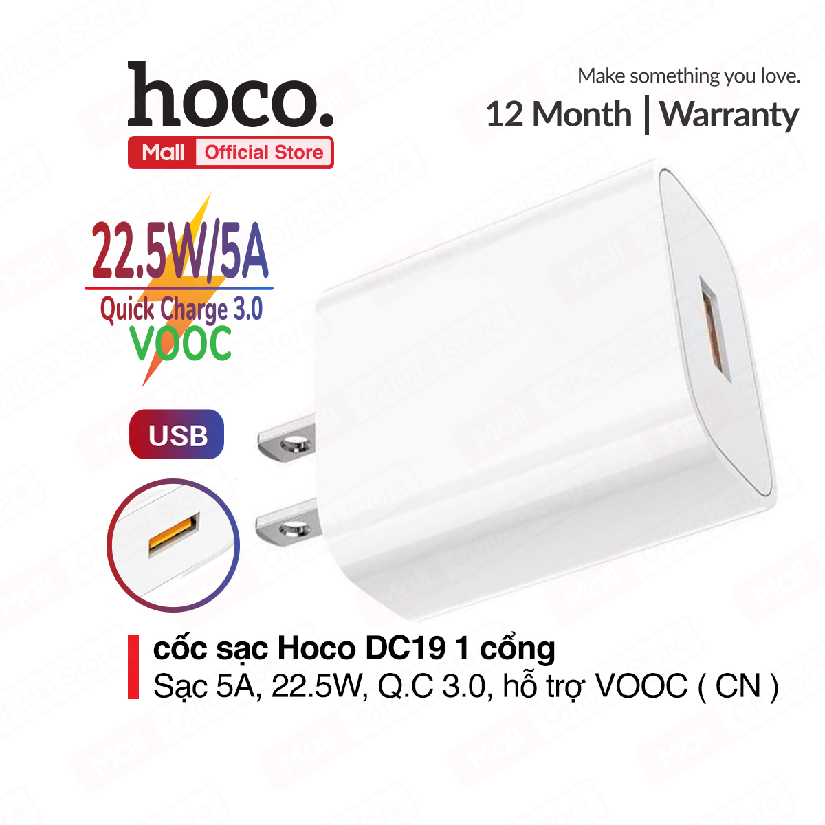 Cốc sạc nhanh Hoco DC19 1 cổng USB sạc nhanh 5A/22.5W, Quick charge 3.0, hỗ trợ sạc VOOC, chân cắm tiêu chuẩn ( CN ) dành cho nhiều dòng điện thoại