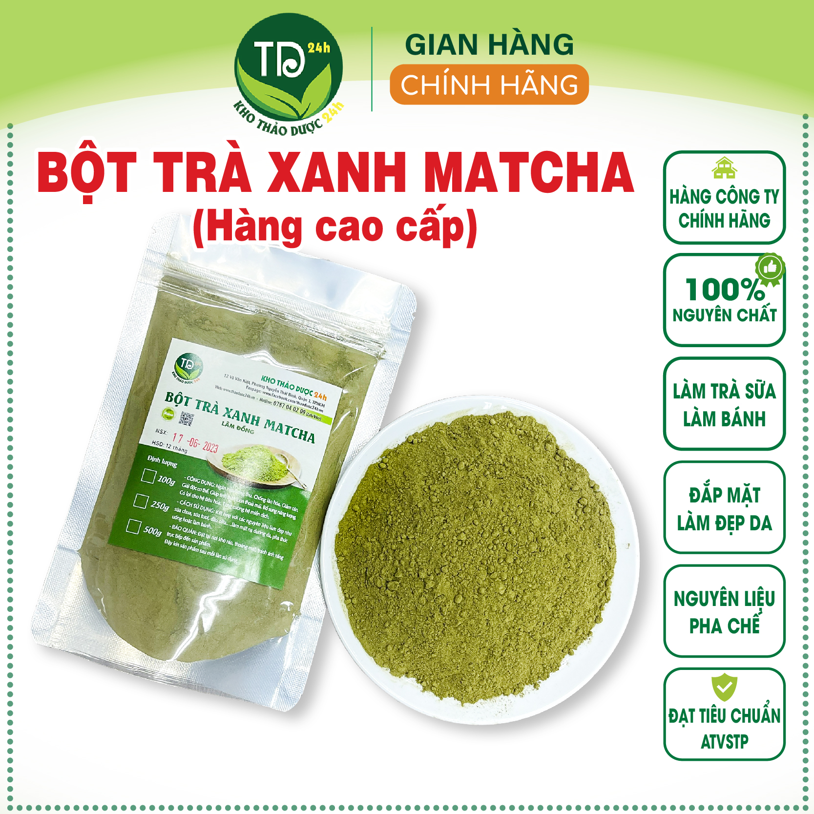 Bột trà xanh Matcha Lâm Đồng nguyên chất 100 nguyên liệu làm trà sữa làm bánh làm đẹp giảm mụn sáng mịn da 100 thiên nhiên Kho thảo dược 24h