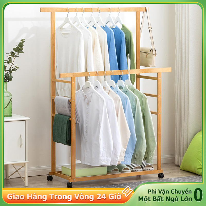 NE Kệ treo quần áo đôi Giá treo quần áo treo khăn gỗ thông nhập khẩu, chắc chắc, di chuyển tiện lợi 148*100*36 cm