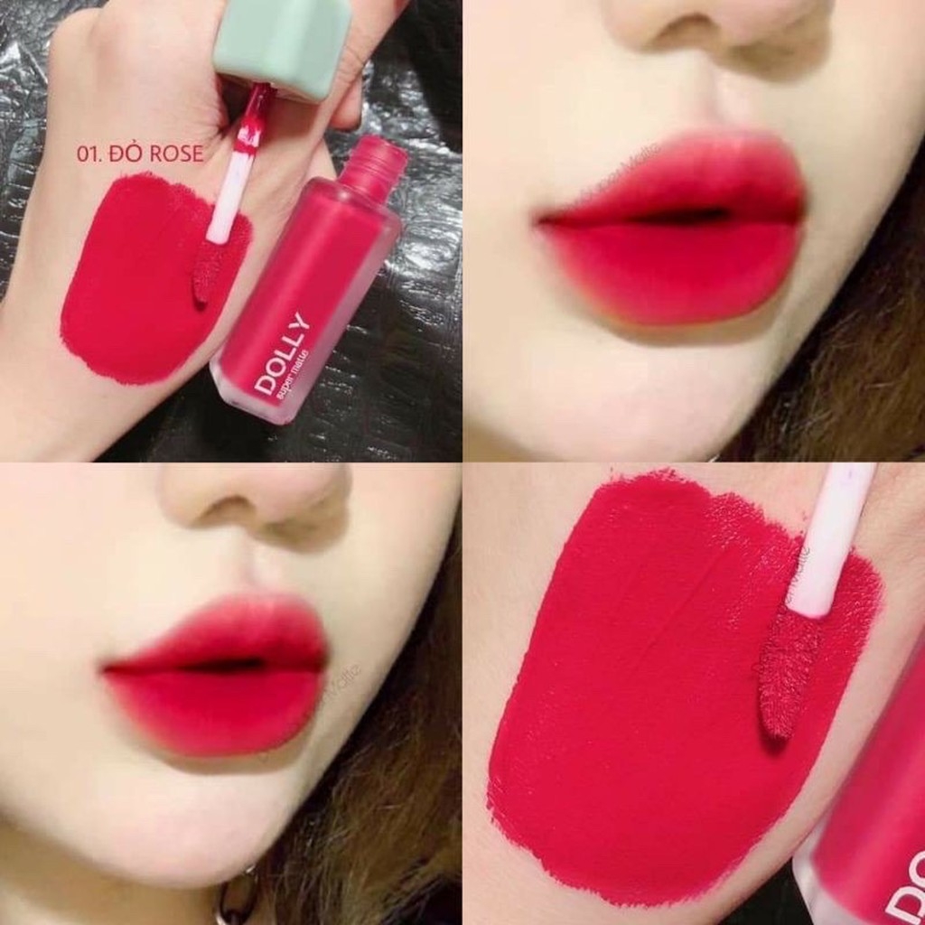 Son kem lì màu đỏ rose Dolly super matte, son kem lì không chì bền màu lâu trôi