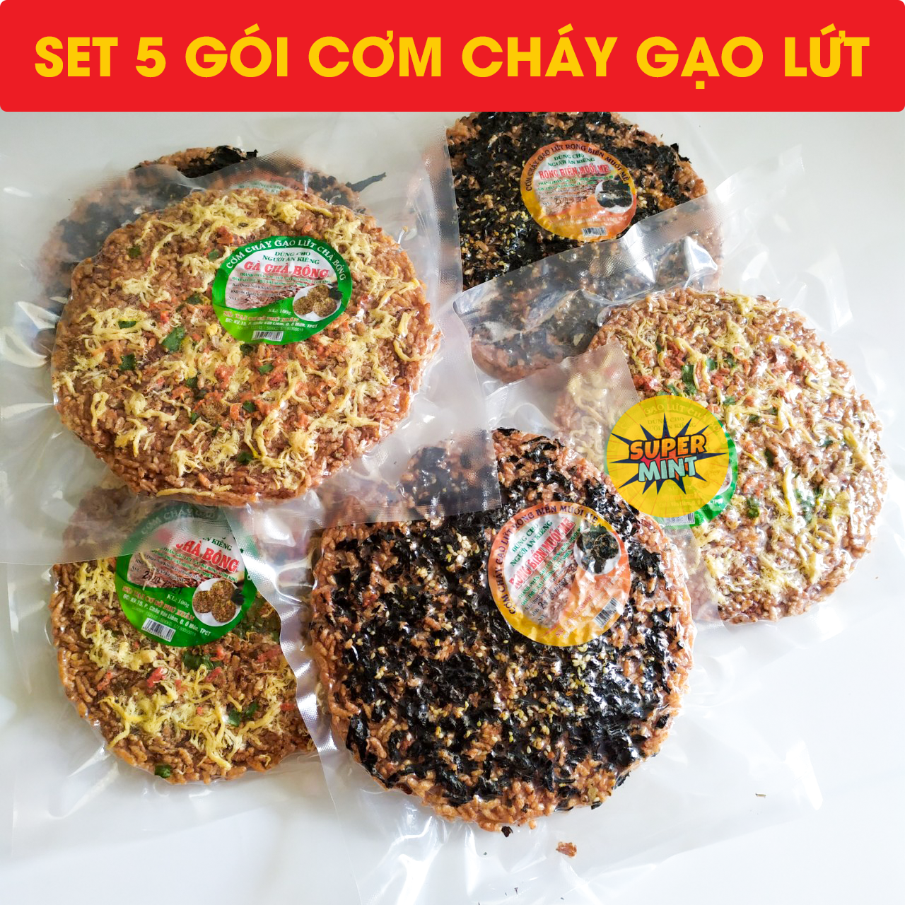 Combo 5 gói cơm cháy gạo lứt chà bông - cơm cháy gạo lứt rong biển - Trứng Muối - Khô bò - 4 gói 4 vị - bánh ăn vặt, ăn kiêng Tết