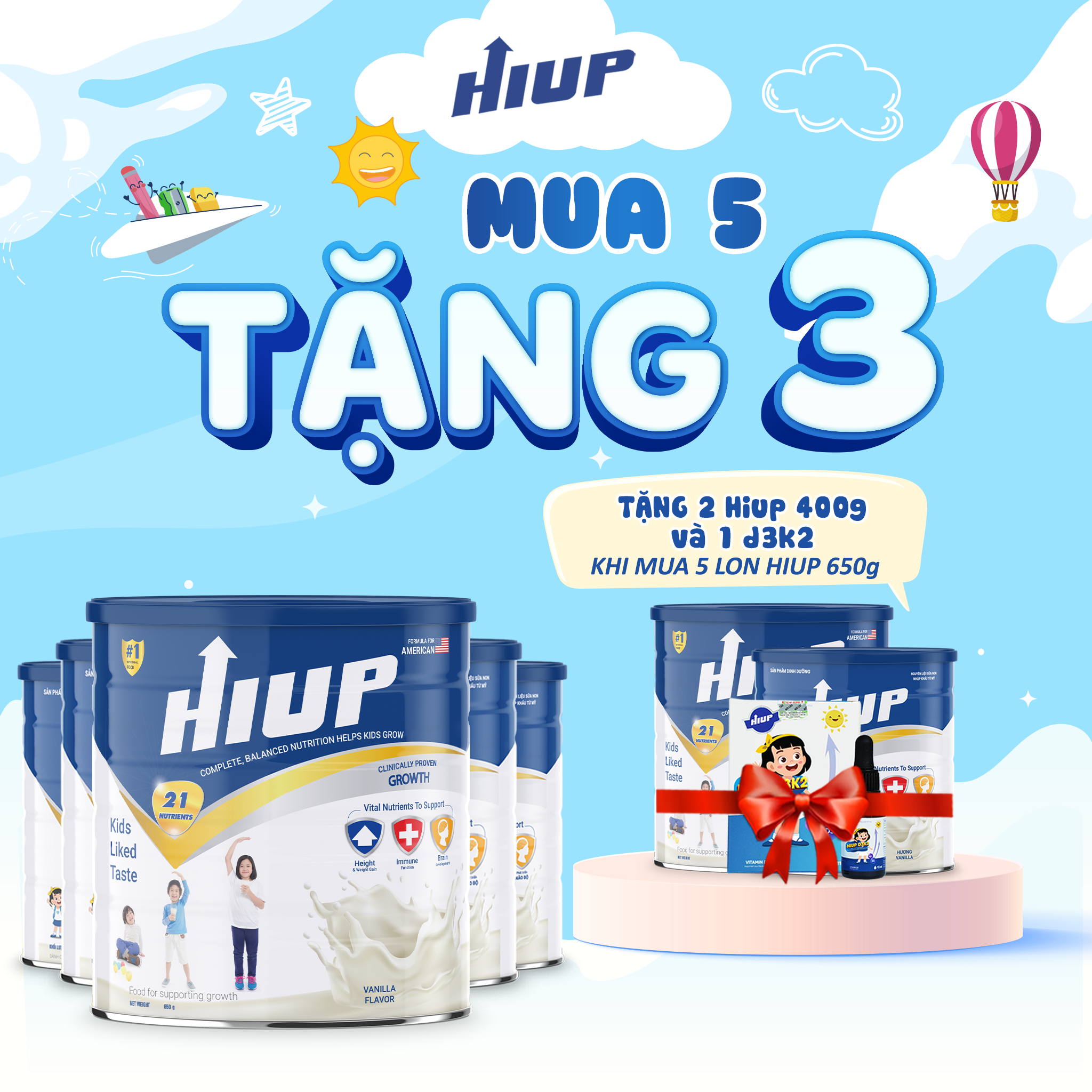 [MUA 5 TẶNG 2 hộp hiup 400gr và 1 d3k2] Lon Sữa bột HIUP 650g Cho Trẻ Từ  2 - 15 Tuổi Bổ Sung Canxi, DHA, Vitamin D3 K2, Protein, Sữa Tăng Chiều Cao Cho Bé Hàng Chính Hãng  - NOT VAT