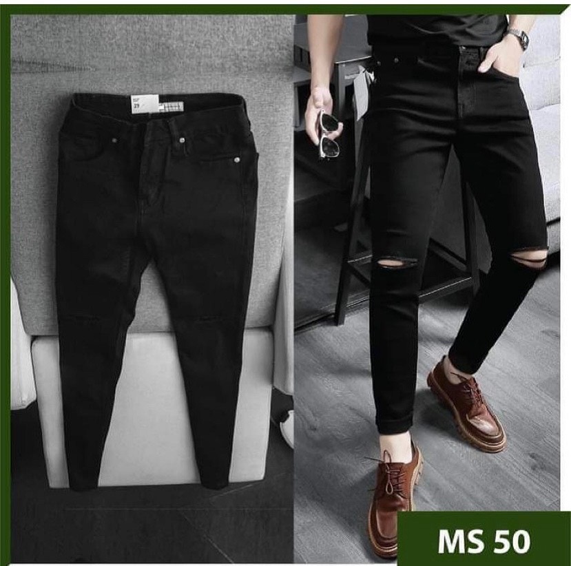 [Hoàn Tiền 15%] Quần Jean Nam,Quần Bò Nam Đen Rách Gối Style Hàn Quốc Chuẩn Men