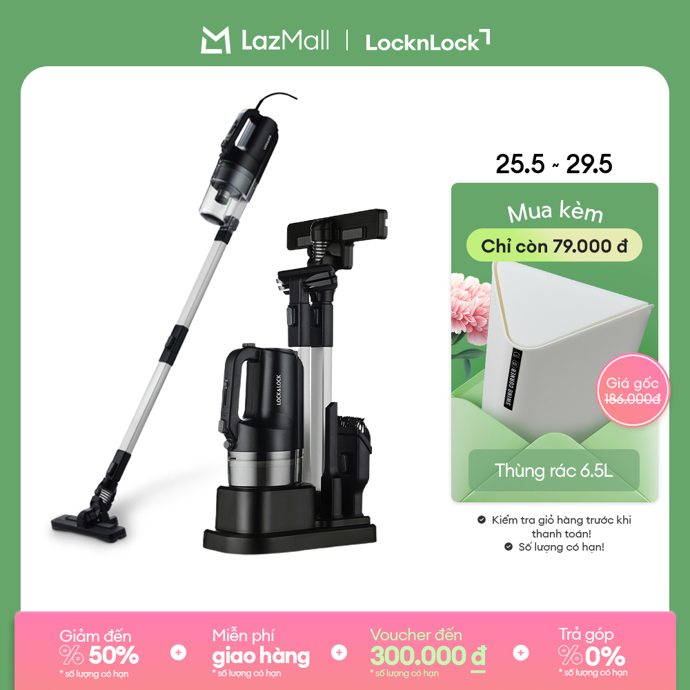 Env336Blk - Lock&Lock Corded Handheld Vacuum Cleaner - 12000Pa Suction Power, Detachable Accessories, Multi-Purpose Suction for Bed Mattresses, Cars - Convenient Shelf Stand