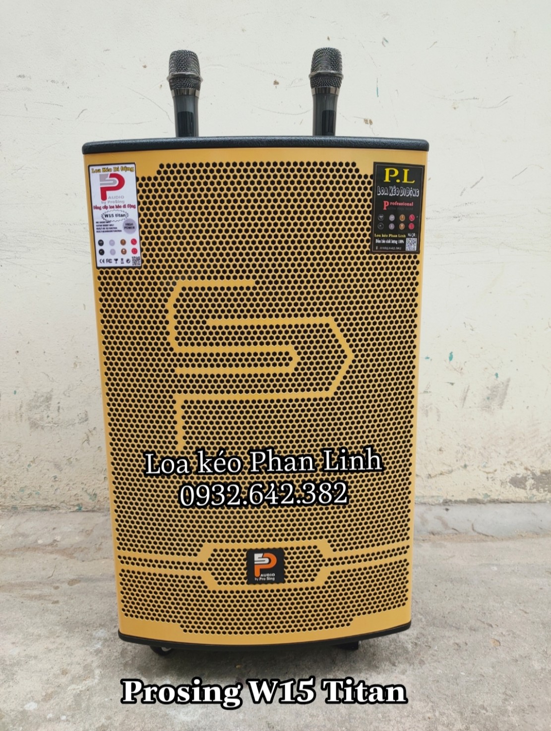 Loa kéo prosing w15 titan plus 4 tấc gỗ 450w, 2 micro uhf cao cấp, âm thanh hay ấm, pin xài lâu