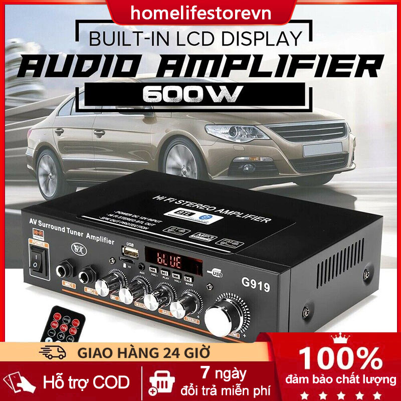 Bộ khuếch đại Protable 600W 220V/12V Mini Âm thanh nổi HiFi Bộ khuếch đại công suất Bộ thu bluetooth 2 CH AMP Máy phát âm thanh trên xe hơi cho gia đình có điều khiển từ xa Máy nghe radio Loa siêu trầm Khuếch đại âm thanh nổi trên xe hơi