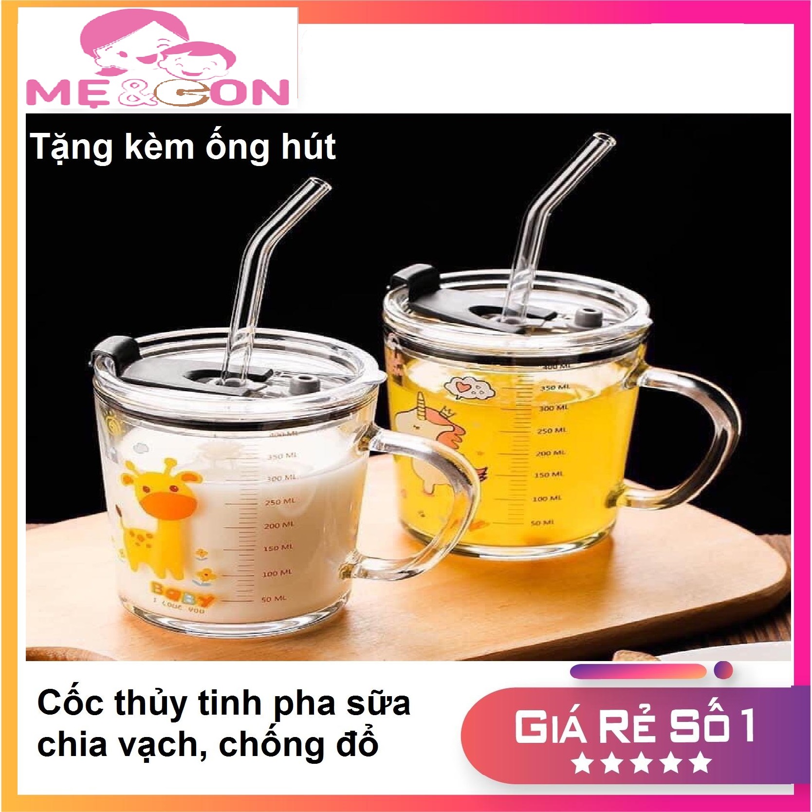 Cốc pha sữa thủy tinh chia vạch 350ml chống đổ tặng kèm ống hút silicon Happy Family mart {{Tmark}}