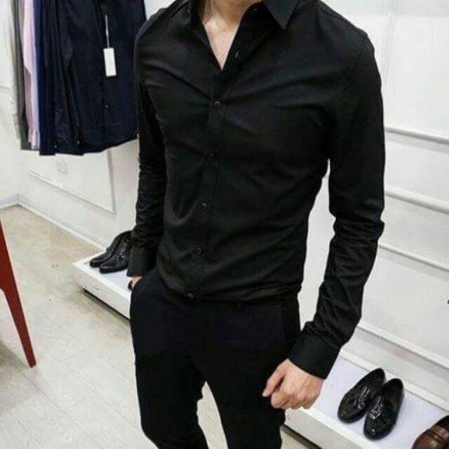 Áo sơ mi nam đen trơn dài tay công sở, dáng ôm body Hàn Quốc vải chống nhăn cao cấp