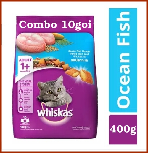 Combo 10 gói Thức ăn hạt cho Mèo trưởng thành. Whiskas Adult vị Cá biển 400g. Tc: 4kg.