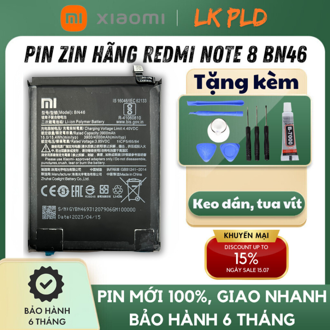 Pin redmi note 8, dung lượng 4000mah, mã pin bn46, pin xiaomi redmi note 8 zin công ty bảo hành 1 đổi 1 trong 3 tháng