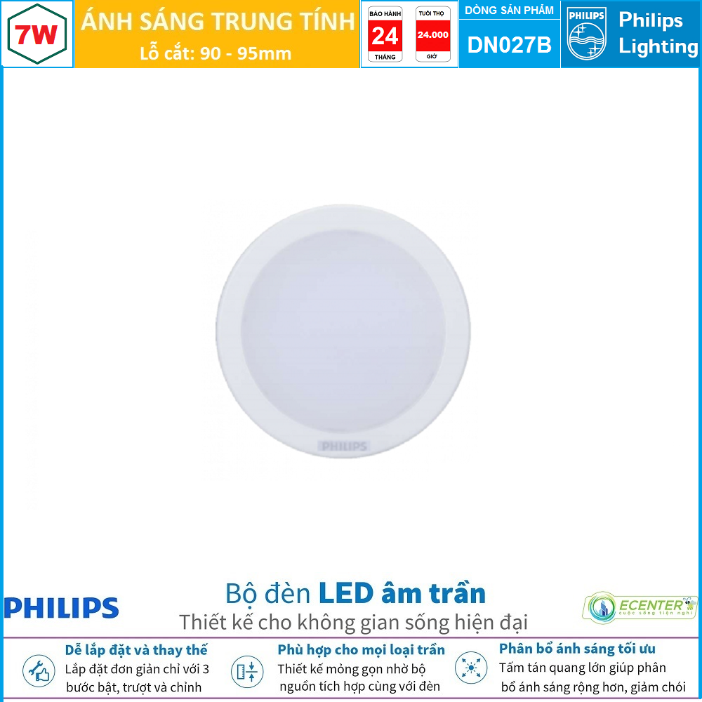 Đèn led âm trần 7w philips downlight dn027b gen2 led6 d90