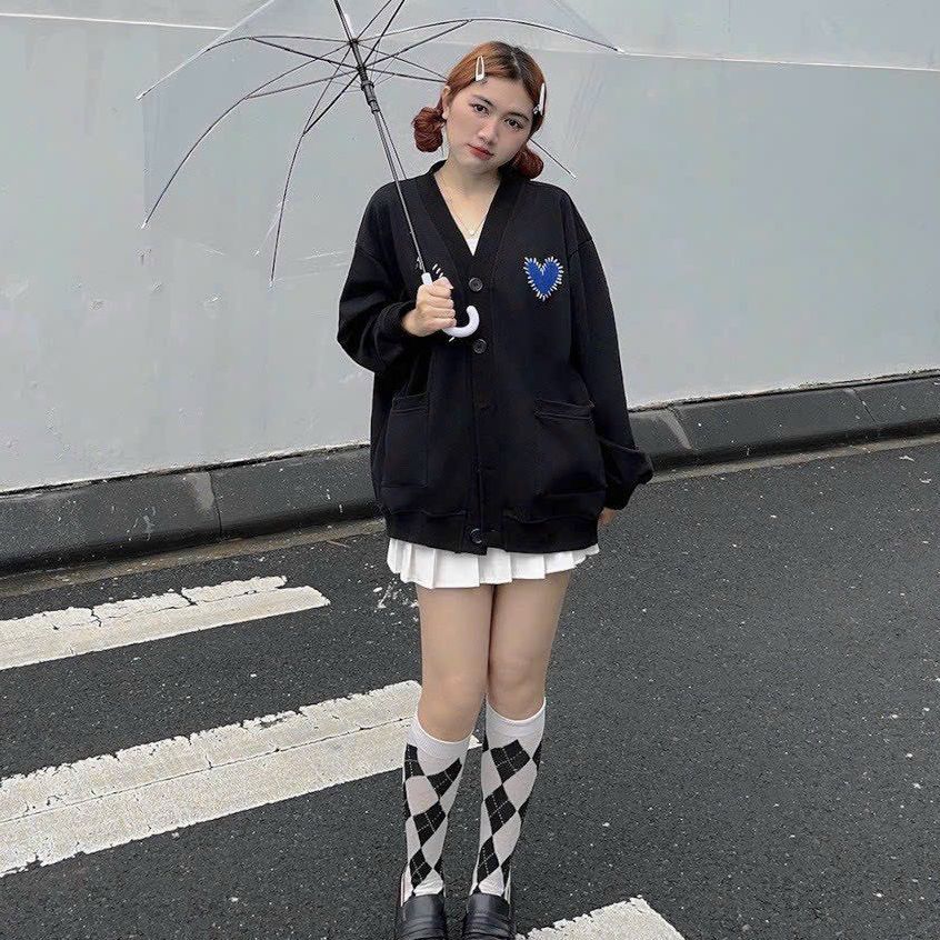 Áo khoác cardigan nam nữ & áo nỉ học sinh nam nữ in hình trái tim gai xanh ulzzang form rộng unisex bông 2 lớp ảnh thật tp363