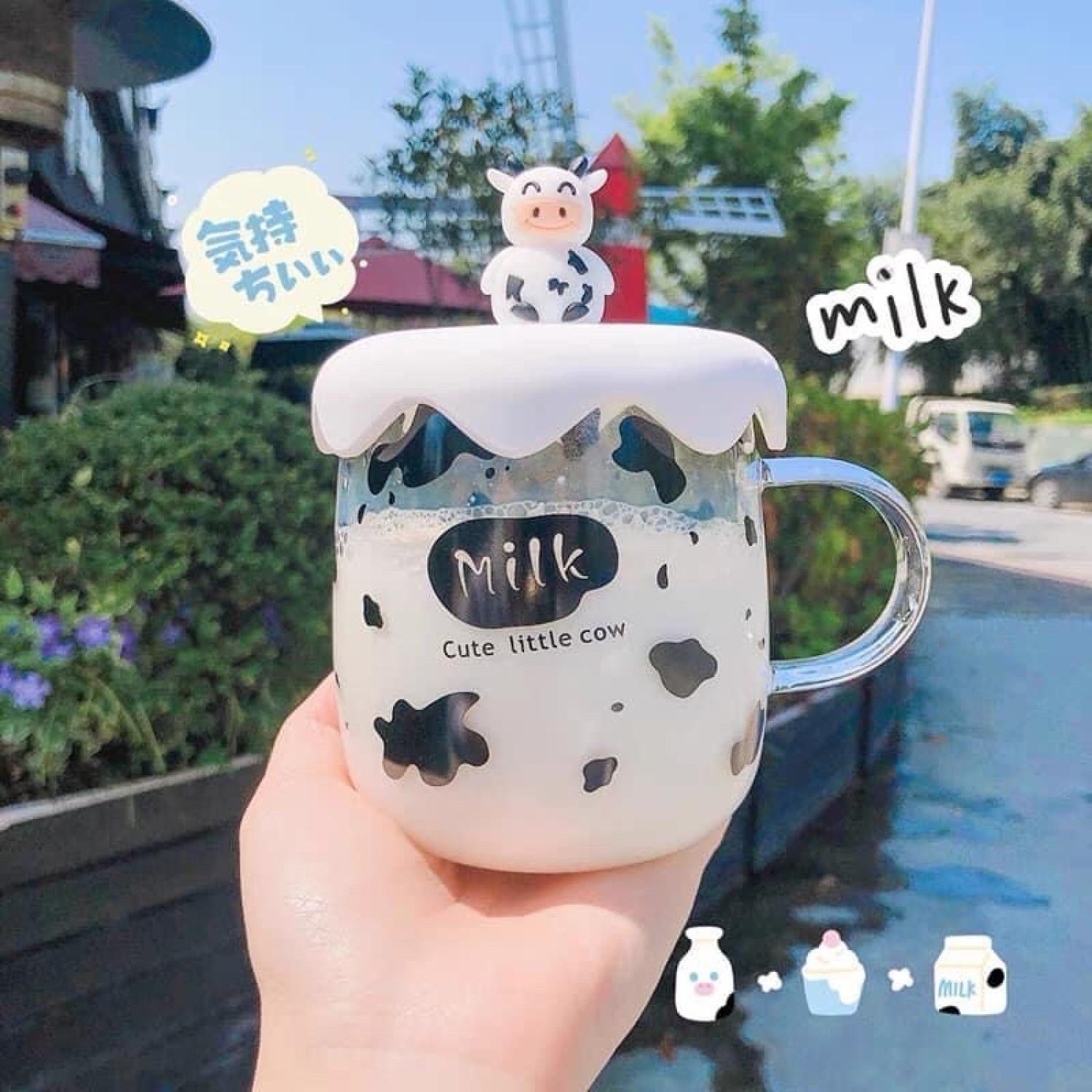 Cốc thủy tinh 400ml họa tiết bò sữa xinh yêu, ly bò sữa thủy tinh kèm nắp ngỗ nghĩnh