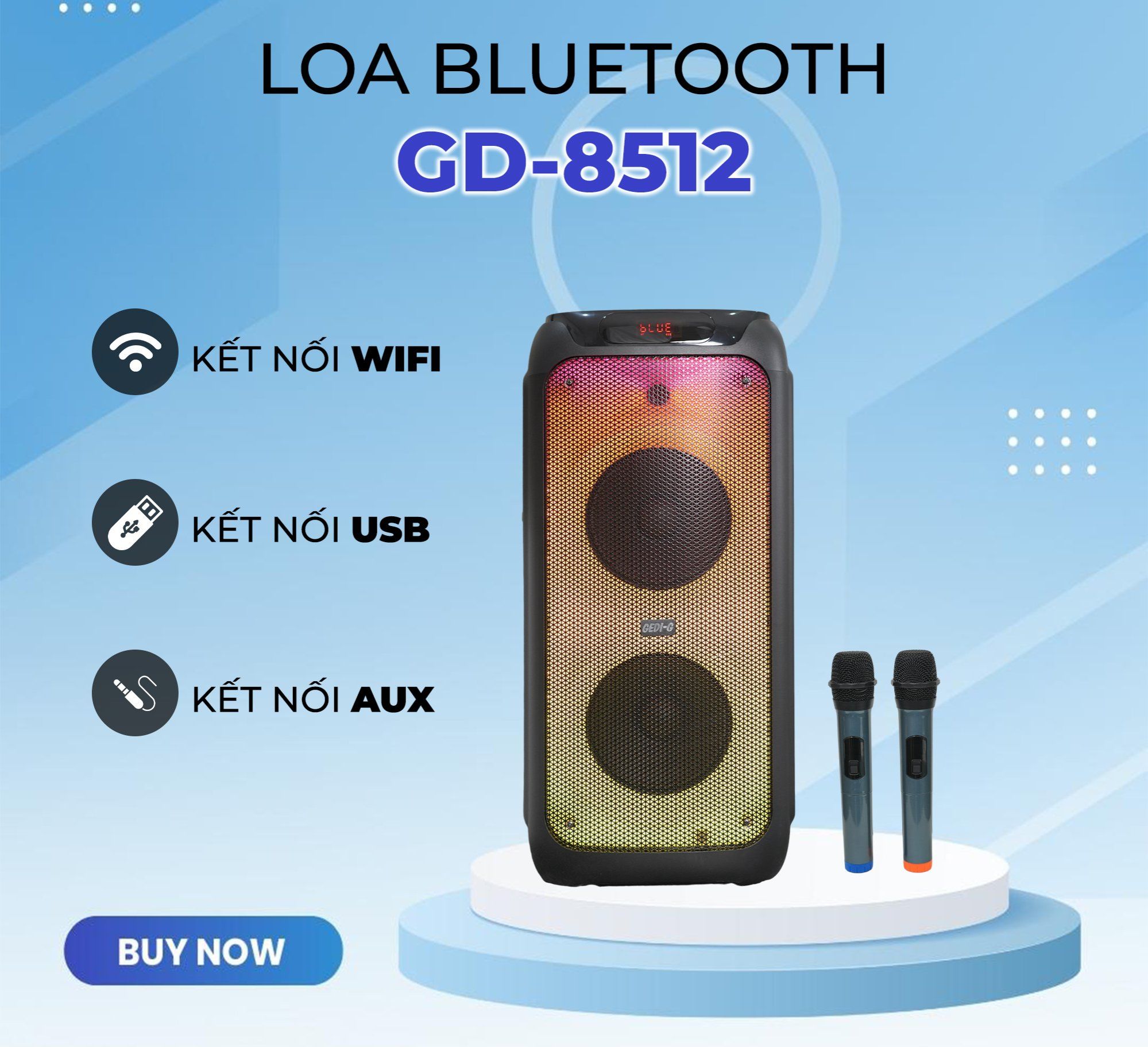 Loa Bluetooth Karaoke Tích Hợp LED RGB Wekome D39 Kèm 2 Micro Không Dây Vòm Loa 8inch x2 Công Suất Cao Âm Thanh Tuyệt Vời Mic Hút Âm Hát Nhẹ Kết Nối Bluetooth Pin Trâu BH 12 THÁNG