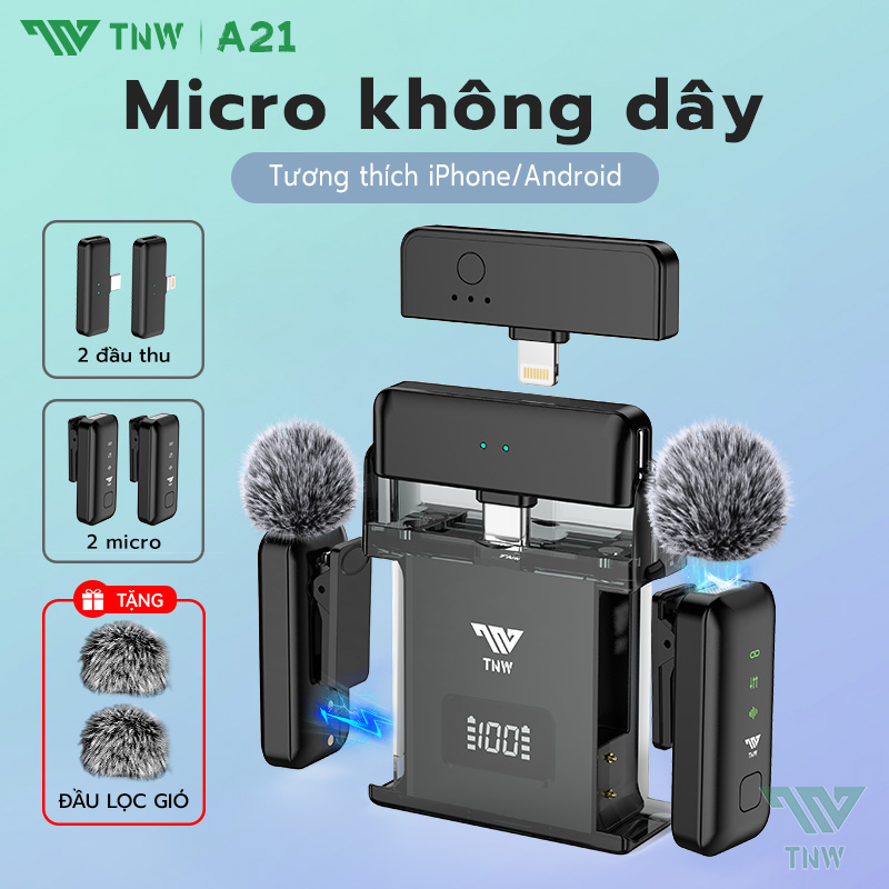 TNW A21 Micro thu âm không dây Mic Mini Di Động Phỏng Vấn Trực Tiếp Ghi Ve Áo Micro Cắm Và Chạy Có Hộp Sạc