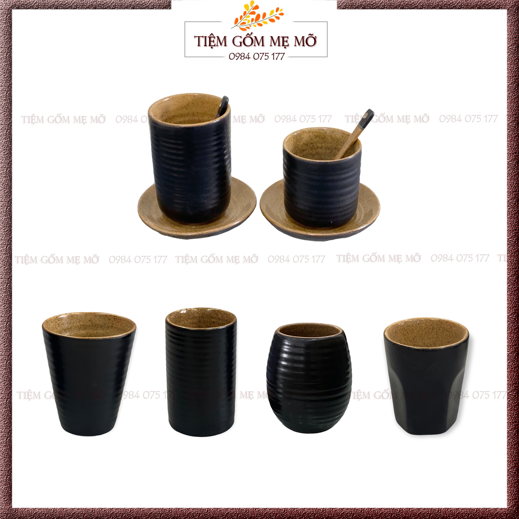 Ly cốc sứ không quai Ly trà cà phê men đen lòng nâu gốm gốm sứ Bát Tràng