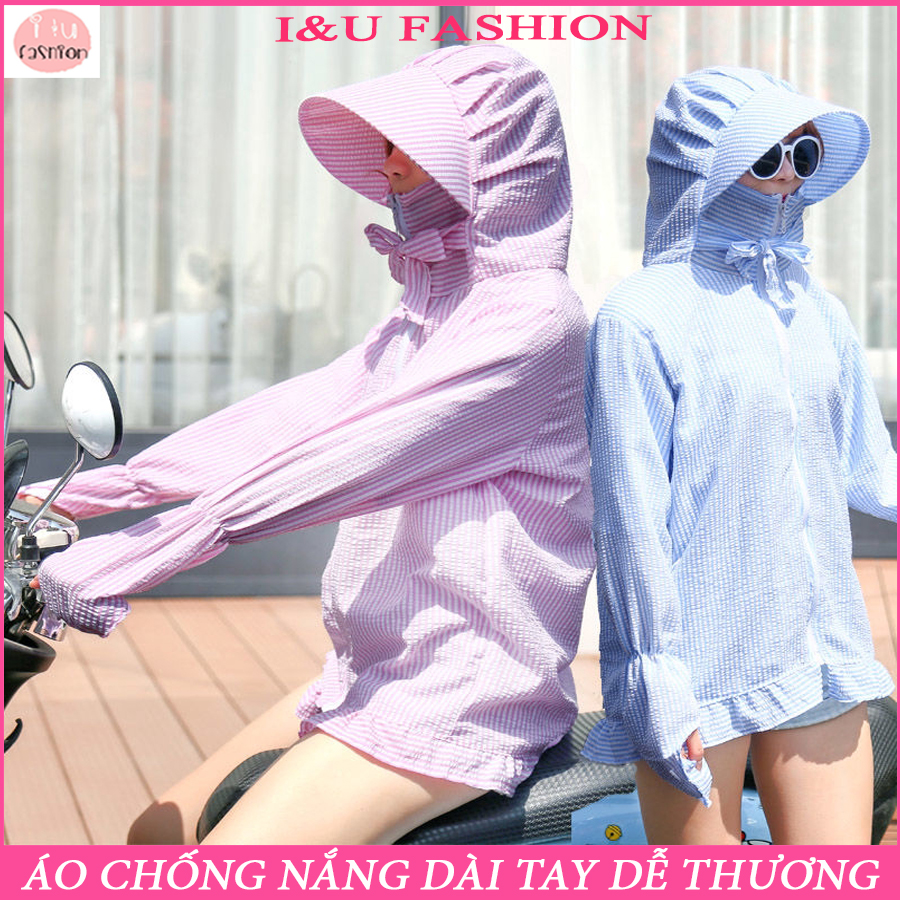 Áo khoác chống nắng dễ thương dài tay ( che phủ cả bàn tay ) có mũ trùm đầu rộng vành tiện lợi polyester-cotton - Chống nắng hiệu quả