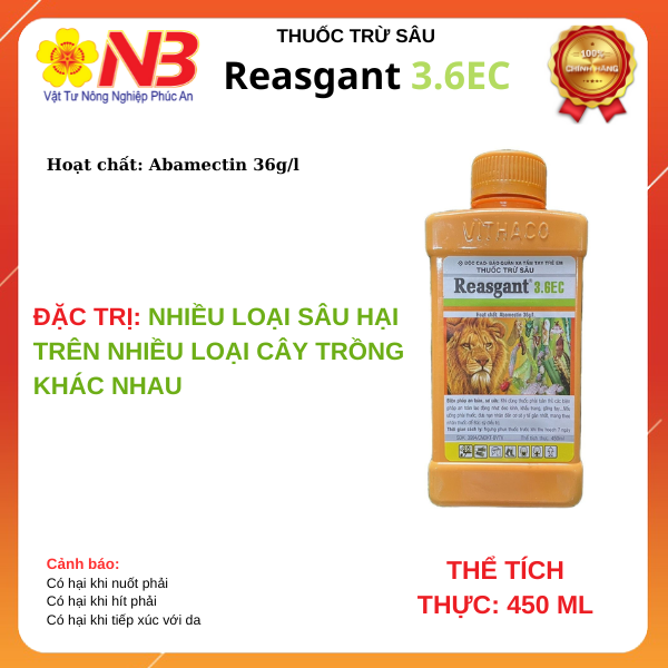 Reasgant 3.6EC nước đỏ Chai 450ml-abamectin 36g/l Thuốc trừ sâu sinh học đa năng trừ bọ trĩ, rầy nâu