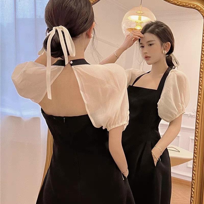 Đầm luli phối tay voan cổ trắng cutout lưng