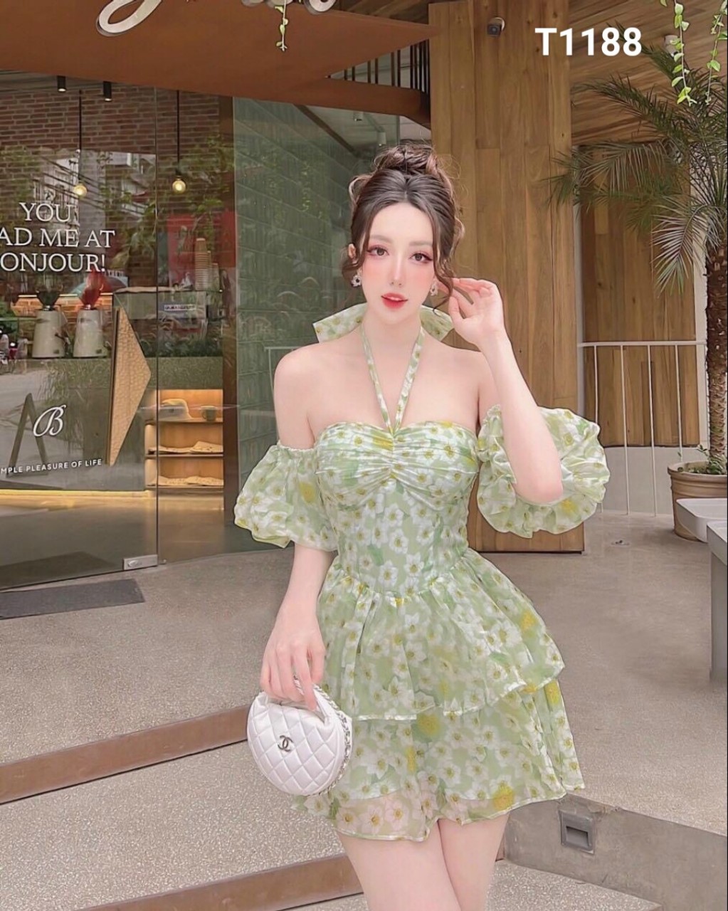 Đầm voan hoa dáng xoè cổ yếm xếp tầng cao cấp có mút có lót T1188