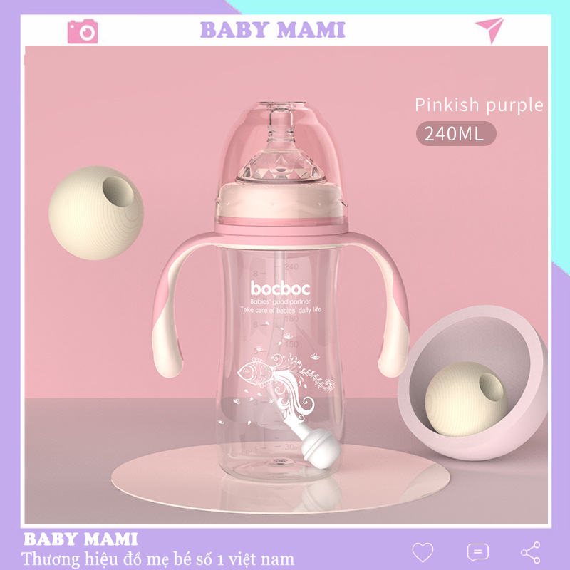 Binh sữa cho bé cổ rộng 240ml bình sữa cho bé sơ sinh hút mọi tư thế có tay cầm cho bé bn18