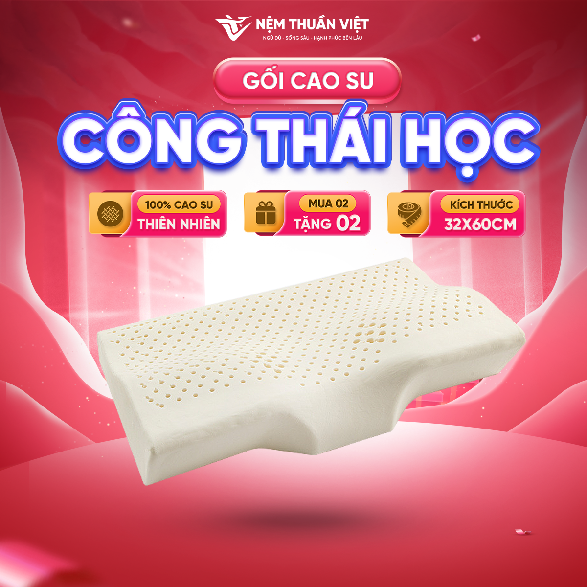 Gối nằm cao su thiên nhiên công thái học thuần việt - thiết kế nâng đỡ cột sống cổ - giảm đau vai gáy