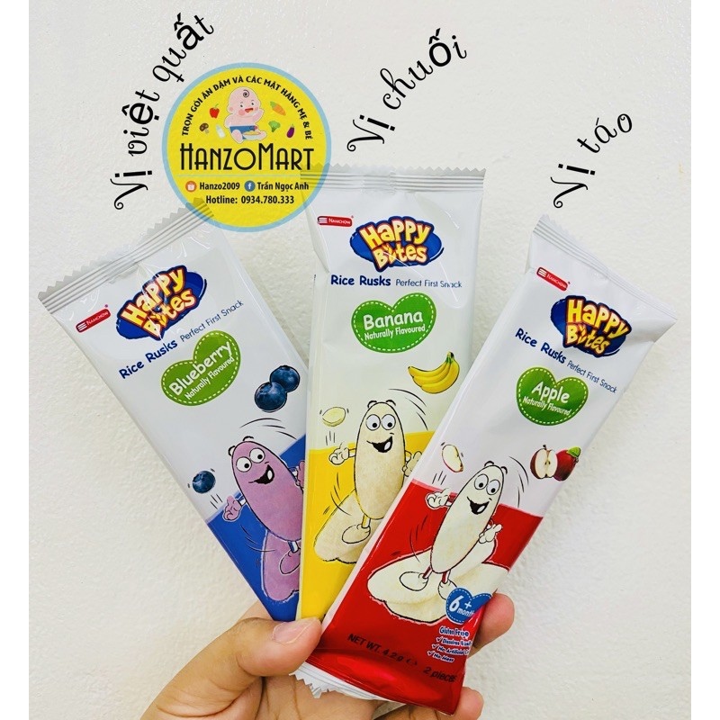 Bánh gạo ăn dặm cho bé Happy Bites vị chuối việt quất táo 6m