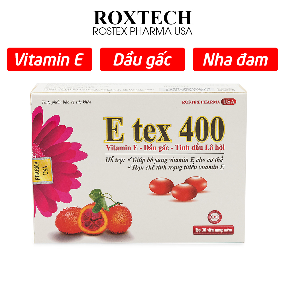 Viên uống đẹp da Vitamin E đỏ, dầu gấc, tinh dầu nha đam E Tex 400 giảm nám sạm da, nhăn khô da, chống lão hóa - 30 viên
