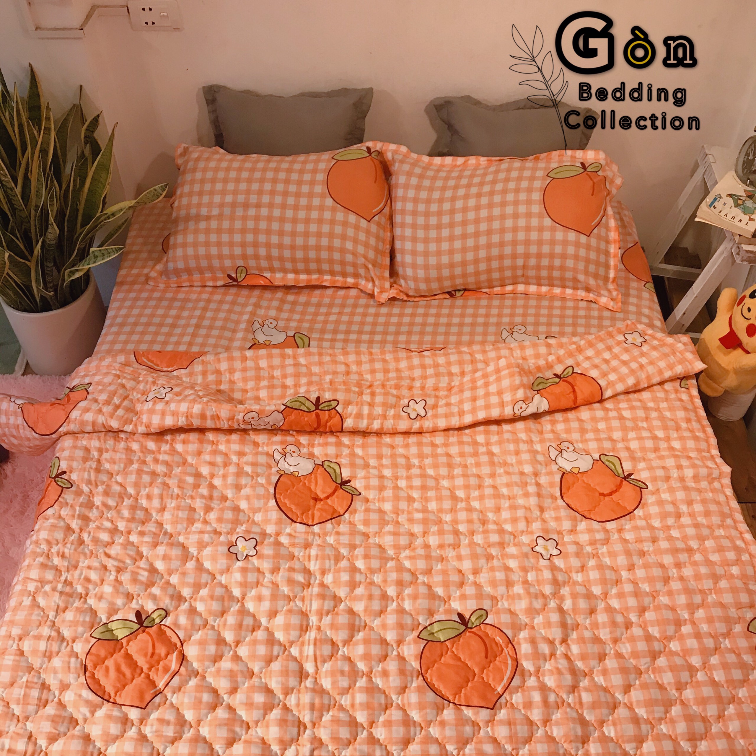 Bộ Chăn Ga Gối Cotton Poly , Quả Đào Cam , Chất Liệu Thoáng Mát , Kích Cỡ Đa Dạng , By. Gòn