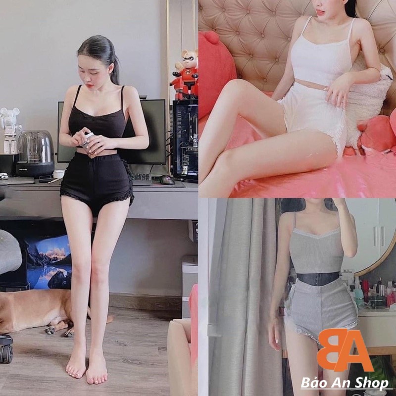 Sét đồ bộ nữ áo 2 dây gân phối ren viền chất vải thun gân len 4 chiều FreeSize dưới 51kg