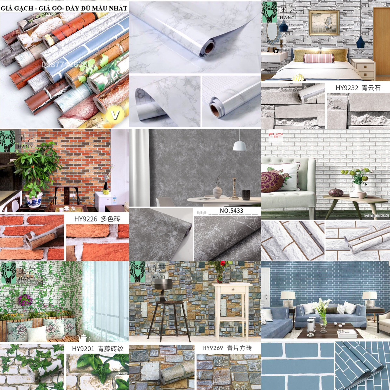 10m giấy dán tường sẵn keo giá sỉ mẫu gạch -vân đá (10m x 45cm)