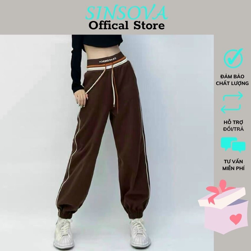 Quần jogger nỉ tăm nữ bo gấu cạp chun dây rút màu đen nâu ghi Sinsova M9